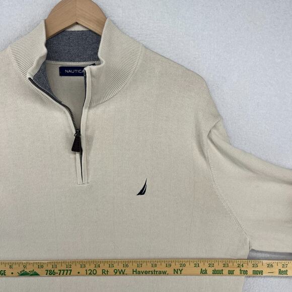 NAUTICA Sweater Mens XL Golf 1/4 Zip Mock Neck Pullover Jumper Cotton Beige - Picture 13 of 15